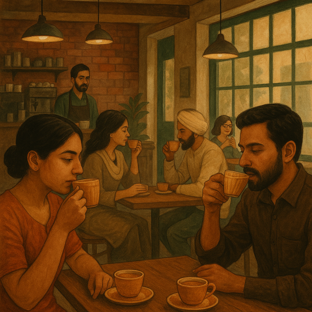 Café interior with customers enjoying chai